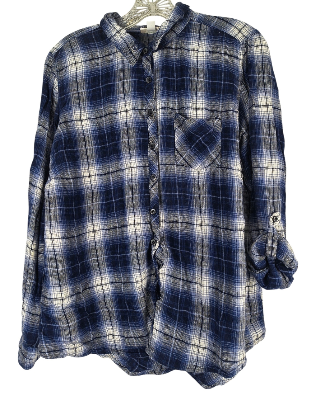 Westport Button Down Shirt Women's 1X Blue White Plaid Roll Tab Sleeves Rayon